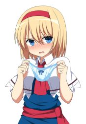 Rule 34 | 1girl, alice margatroid, ascot, blonde hair, blue bow, blue dress, blue eyes, blue panties, blush, bow, bow panties, capelet, commentary request, dress, embarrassed, enushi (toho193), hair between eyes, hairband, hands up, highres, holding, holding clothes, holding panties, holding underwear, looking at viewer, nose blush, open mouth, panties, red ascot, red hairband, red sash, sash, short hair, simple background, solo, touhou, underwear, upper body, white background, white capelet, wing collar