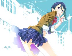 Rule 34 | 00s, 1girl, bad id, bad pixiv id, blue eyes, blue hair, blush, covering privates, covering crotch, female focus, hair ornament, hairclip, idolmaster, idolmaster dearly stars, matching hair/eyes, mizutani eri, no panties, nonowa, outdoors, plaid, school uniform, short hair, sleeves rolled up, sleeves pushed up, smile, solo, thesale, wind