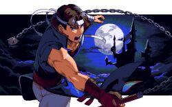 Rule 34 | bad link, blue eyes, brown hair, castlevania: rondo of blood, castlevania (series), gloves, highres, holding, holding whip, incoming attack, jeto (jetopyon), looking at viewer, male focus, moon, open mouth, pc-98 (style), pixel art, richter belmont, short hair, weapon, whip