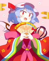 Rule 34 | 1girl, 60mai, alternate costume, bat wings, blue hair, blush, bow, commentary request, cowboy shot, fang, folding fan, hand fan, hat, hat ribbon, holding, holding fan, japanese clothes, kimono, layered clothes, layered kimono, long sleeves, looking at viewer, mob cap, open mouth, pink background, pink hat, red bow, red eyes, red kimono, red ribbon, remilia scarlet, ribbon, short hair, solo, touhou, v-shaped eyebrows, wide sleeves, wings