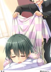 Rule 34 | 10s, 1boy, 1girl, alternate costume, anger vein, bed sheet, bedroom, black hair, blanket, casual, checkered blanket, clothes pull, commentary request, curtains, closed eyes, green hair, hair between eyes, hair down, head out of frame, hino (2nd life), indoors, kantai collection, leaning forward, long hair, open mouth, out of frame, outside border, pants, pants pull, school uniform, short hair, square mouth, top-down bottom-up, twitter username, zuikaku (kancolle)
