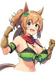 Rule 34 | 1girl, animal ears, bikini, blue eyes, blush, breasts, brown gloves, cleavage, clenched hands, cowboy hat, front-tie bikini top, front-tie top, gloves, green bikini, hair between eyes, hat, hat on back, headwear request, highres, horse ears, horse girl, horse tail, king kouta, large breasts, looking at viewer, medium hair, navel, open mouth, ponytail, simple background, smile, solo, swimsuit, taiki shuttle (umamusume), tail, umamusume, upper body, white background
