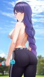 Rule 34 | 1girl, alternate costume, ass, blue sky, blurry, blurry background, bottle, braid, brand name imitation, breasts, cloud, commentary, cowboy shot, day, english commentary, from behind, gatorade, genshin impact, highres, holding, holding bottle, large breasts, logo parody, long hair, low-braided long hair, low-tied long hair, nike (company), outdoors, pants, pantylines, purple eyes, purple hair, raiden shogun, sky, solo, sports drink, sportswear, towel, towel around neck, very long hair, yisusjpl, yoga pants