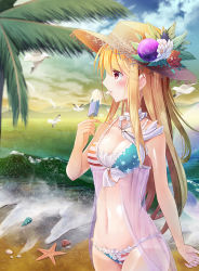 Rule 34 | 1girl, adapted costume, american flag bikini, bikini, bird, blonde hair, blush, breasts, cleavage, cloud, cloudy sky, clownpiece, commentary request, cowboy shot, day, flag print, food, hat, long hair, medium breasts, navel, ocean, one-piece tan, outdoors, palm tree, popsicle, profile, red eyes, seagull, seashell, shell, sky, solo, standing, star (symbol), starfish, striped, sun hat, swimsuit, tan, tanline, touhou, tree, very long hair, z.o.b