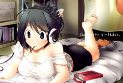 Rule 34 | 1girl, ass, b (kana0816), bare legs, barefoot, black hair, bookshelf, breasts, casual, cleavage, food, futon, green eyes, hair ornament, hair up, hairclip, handheld game console, happy birthday, headphones, indoors, kami nomi zo shiru sekai, large breasts, lying, miniskirt, mouth hold, nagase jun, off shoulder, on stomach, playing games, playstation portable, pocky, skirt, solo