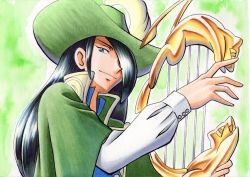 Rule 34 | 1boy, black hair, blue eyes, blue vest, buttons, cloak, closed mouth, collared shirt, commentary request, creatures (company), eyelashes, game freak, green background, green cloak, green hat, hand up, hat, high collar, highres, holding, holding instrument, instrument, long hair, long sleeves, looking at viewer, male focus, nando (pokemon), nintendo, oka mochi, pokemon, pokemon (anime), pokemon dppt (anime), shirt, smile, solo, traditional media, upper body, vest, white shirt