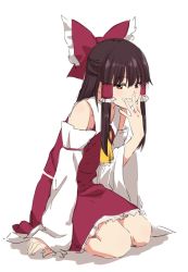 Rule 34 | 1girl, ascot, bare shoulders, bow, brown hair, covering own mouth, detached sleeves, frilled bow, frilled skirt, frills, hair bow, hair tubes, hakurei reimu, hand over own mouth, highres, kneeling, laughing, leon (mikiri hassha), long hair, looking at viewer, midriff peek, orange eyes, red skirt, seiza, sidelocks, simple background, sitting, skirt, sleeveless, smile, smirk, smug, solo, touhou, white background, yellow ascot