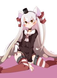 Rule 34 | 10s, 1girl, amatsukaze (kancolle), arm support, between legs, blush, brown dress, brown eyes, choker, dress, garter straps, gloves, grey neckerchief, hair tubes, hand between legs, hand on own hip, headgear, kantai collection, long hair, long sleeves, looking at viewer, nassukun, neckerchief, red thighhighs, sailor collar, sailor dress, silver hair, single glove, sitting, smile, solo, striped clothes, striped thighhighs, thighhighs, twitter username, two side up, very long hair, wariza, white gloves