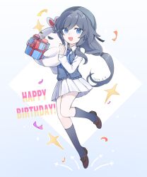 Rule 34 | 1girl, :d, ascot, black socks, blue ascot, blue eyes, box, brown footwear, cardigan vest, collared shirt, commentary request, confetti, dated, fu hua, full body, gift, gift box, grey background, grey hair, hair between eyes, happy birthday, highres, holding, honkai (series), honkai impact 3rd, jingwei (bird), loafers, long hair, long sleeves, looking at viewer, manfu w, open mouth, pleated skirt, puffy long sleeves, puffy sleeves, shirt, shoes, skirt, smile, socks, solo, two-tone background, very long hair, white background, white shirt, white skirt