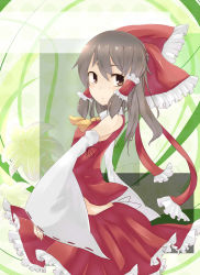 Rule 34 | 1girl, bad id, bad pixiv id, bow, brown eyes, brown hair, detached sleeves, female focus, floral background, flower, hair bow, hair ornament, hair tubes, hakurei reimu, japanese clothes, kuroi mizore, looking back, miko, nature, ribbon, solo, touhou