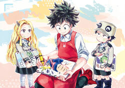 Rule 34 | 1girl, 2boys, abstract background, all might, alternate costume, alternate eye color, alternate hair color, apron, artist name, bandaged leg, bandages, baseball cap, black eyes, black pants, blazer, blonde hair, blue footwear, blush stickers, boku no hero academia, boots, child, child&#039;s drawing, closed mouth, commentary request, crayon, cross-laced footwear, dated, dotted line, double horizontal stripe, drawing, dress shirt, eri (boku no hero academia), excited, fingernails, freckles, green eyes, green hair, green shorts, green skirt, hat, head down, holding, holding crayon, holding sketchbook, horns, izumi kouta, jacket, knee boots, kneeling, light frown, long hair, long sleeves, looking at another, looking down, midoriya izuku, multiple boys, paint splatter, paint splatter on face, pants, partial commentary, pink footwear, pleated skirt, red apron, red footwear, reiquil, scar, scar on hand, school uniform, shirt, shoes, short eyebrows, short hair, shorts, single horn, sketchbook, skirt, sleeves rolled up, smile, sneakers, spiked hair, standing, u.a. school uniform, v-shaped eyebrows, white shirt, wing collar