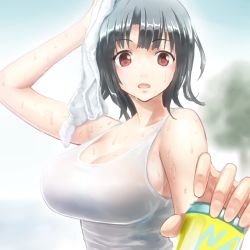 Rule 34 | 10s, 1girl, arm up, bare shoulders, black hair, breasts, can, cleavage, hitotose (spiralray), kantai collection, large breasts, looking at viewer, open mouth, red eyes, shirt, short hair, solo, sweat, takao (kancolle), towel, wet, wet clothes, wet shirt, wiping sweat