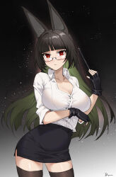 1girl alternate_costume animal_ear_fluff animal_ears black_gloves black_skirt black_thighhighs blush breasts cleavage closed_mouth commentary fingerless_gloves fox_ears fox_girl glasses gloves high-waist_skirt highres hoshimi_miyabi large_breasts linreplica long_hair looking_at_viewer red_eyes shirt skirt solo standing thighhighs thighs white_shirt zenless_zone_zero