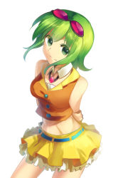 Rule 34 | 1girl, bad id, bad pixiv id, bare shoulders, bison cangshu, gloves, goggles, goggles on head, green eyes, green hair, gumi, looking at viewer, matching hair/eyes, midriff, navel, red-tinted eyewear, short hair, simple background, skirt, smile, solo, tinted eyewear, vocaloid, white background