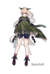 Rule 34 | 1girl, absurdres, artist name, black shorts, blonde hair, cape, clothing request, dual wielding, earrings, full body, green cape, gun, highres, holding, jewelry, kingzhizhu, long hair, looking at viewer, original, ponytail, red eyes, shorts, simple background, socks, solo, standing, weapon, white background