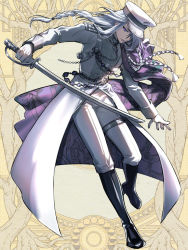 Rule 34 | 1boy, black footwear, boots, braid, cape, chain, dairoku ryouhei, full body, glint, grey eyes, hat, holding, holding sword, holding weapon, knee boots, long hair, long sleeves, low-braided long hair, low-tied long hair, male focus, morino bambi, pants, purple cape, standing, standing on one leg, sword, thigh strap, uniform, weapon, white hat, white pants, yellow background