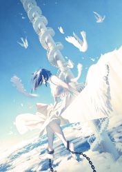 Rule 34 | 1girl, absurdres, animal, bare shoulders, barefoot, bird, blue hair, blue sky, chain, cloud, cloudy sky, cuffs, death, dress, falling, feathers, film grain, hand on own knee, highres, ledge, long hair, neg (101neg), original, outdoors, pillar, planet, scenery, shackles, sitting, sky, solo, spiral staircase, stairs, white bird, white dress, white feathers
