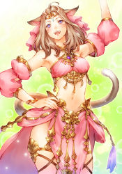 Rule 34 | 10s, 1girl, :d, ahoge, animal ears, arms up, bare shoulders, blush, bracelet, brown hair, cat ears, cat tail, circlet, detached sleeves, facial mark, fangs, final fantasy, final fantasy xiv, gold trim, highres, jewelry, looking at viewer, makimura shunsuke, miqo&#039;te, navel, open mouth, purple eyes, short hair, smile, solo, tail, warrior of light (ff14)