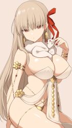Rule 34 | 1girl, armlet, bare shoulders, belly chain, blush, body markings, bracelet, breasts, cleavage, collarbone, durga (fate), earrings, facial mark, fate/grand order, fate (series), female focus, forehead mark, grey hair, hair ribbon, highres, jewelry, kurikara, large breasts, long hair, looking at viewer, pelvic curtain, pout, red eyes, revealing clothes, ribbon, sash, seiza, sitting, snake, solo, thighs, very long hair