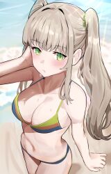 Rule 34 | 1girl, beach, bikini, blonde hair, blush, breasts, cleavage, collarbone, commentary request, cowboy shot, dappled sunlight, green eyes, hand in own hair, highres, large breasts, long hair, looking at viewer, multicolored bikini, multicolored clothes, navel, ocean, original, pout, sand, solokitsune, standing, striped bikini, striped clothes, sunlight, swimsuit, twintails, water, wet