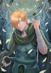 Rule 34 | 1boy, bandaged arm, bandages, cloak, fate/grand order, fate (series), fingerless gloves, gloves, green cloak, green eyes, green gloves, hair over one eye, highres, ichimichi 111, looking at viewer, male focus, orange hair, petals, robin hood (fate), short hair, signature, smile, solo