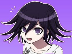 Rule 34 | 1boy, :d, black hair, chain, danganronpa (series), danganronpa v3: killing harmony, flipped hair, grey jacket, hair between eyes, highres, jacket, lower teeth only, male focus, multicolored hair, no scarf, notice lines, oma kokichi, open mouth, outline, pink background, portrait, purple eyes, smile, solo, suiren yurei, teeth, tongue, two-tone hair, white outline