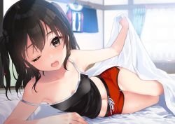 Rule 34 | 1girl, bed, bed sheet, black tank top, blanket, blush, breasts, brown eyes, brown hair, clothes hanger, curtains, indoors, kantai collection, koruri, lying, medium breasts, on side, one eye closed, open mouth, sendai (kancolle), sendai kai ni (kancolle), shorts, skirt, unworn skirt, solo, tank top, tears, two side up