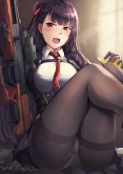 Rule 34 | 1girl, :&lt;, ass, black pantyhose, blazer, blush, braid, breasts, bullpup, cameltoe, framed breasts, french braid, girls&#039; frontline, gloves, gun, hair ribbon, half updo, head tilt, hiroki ree, holding, holding weapon, jacket, large breasts, long hair, looking at viewer, lying, necktie, on side, one side up, open mouth, panties, pantyhose, purple hair, red eyes, red necktie, red ribbon, ribbon, rifle, shirt, sidelocks, signature, sitting, skirt, smile, sniper rifle, solo, thighband pantyhose, thighs, underwear, very long hair, wa2000 (girls&#039; frontline), walther, walther wa 2000, weapon, white panties