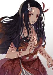 Rule 34 | 1girl, absurdres, black hair, breasts, brown hair, brown kimono, checkered sash, cleavage, clenched teeth, collarbone, commentary request, fingernails, forehead, gradient background, gradient hair, grey background, hair ribbon, highres, horns, japanese clothes, kamado nezuko, kimetsu no yaiba, kimono, long fingernails, long hair, looking at viewer, medium breasts, multicolored hair, nail polish, norazura, obi, open clothes, parted bangs, red eyes, red nails, red ribbon, ribbon, sash, sharp fingernails, short sleeves, single horn, slit pupils, solo, spoilers, teeth, veins, very long hair, white background