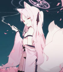 Rule 34 | 1girl, absurdres, animal ear fluff, animal ears, black ribbon, blue archive, doribae, fox ears, fox girl, fox tail, from side, grey eyes, grin, hair ribbon, half-closed eyes, halo, highres, holding, holding smoking pipe, japanese clothes, kuzunoha (blue archive), long hair, long sleeves, looking at viewer, multiple tails, off shoulder, one eye closed, petals, ribbon, ribbon-trimmed sleeves, ribbon trim, sideways glance, smile, smoke, smoking pipe, solo, tail, thick eyebrows, two side up, very long hair