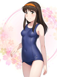 Rule 34 | 1girl, blue one-piece swimsuit, breasts, brown eyes, brown hair, covered navel, cowboy shot, hairband, highres, kousaka maiko, long hair, neopure, old school swimsuit, one-piece swimsuit, orange hairband, school swimsuit, sidelocks, small breasts, smile, solo, swimsuit, true love story