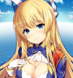 Rule 34 | 1girl, akanagi youto, azur lane, blonde hair, blue eyes, blue vest, bow, bra, breasts, cleavage, cloud, commentary request, day, frilled shirt, frills, glorious (azur lane), gloves, hair ornament, hand on own chest, large breasts, lint roller, long hair, ocean, shirt, sky, third-party source, underwear, uniform, uniform vest, upper body, vest, white gloves, wristband