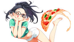 Rule 34 | 1girl, ;p, barefoot, black hair, blush, breasts, cheese, clothes lift, floating hair, food, glasses, green shirt, hands on own cheeks, hands on own face, head rest, highres, indie virtual youtuber, kson, legs, looking at viewer, midriff, navel, one eye closed, open hands, pizza, ponytail, purple eyes, real life, shirt, shirt lift, short shorts, shorts, simple background, solo, tabo55555, tongue, tongue out, white background, white shorts