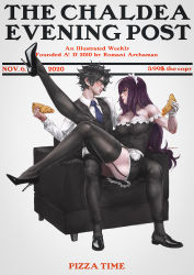 Rule 34 | 1boy, 1girl, alternate costume, apron, armchair, text background, black footwear, black hair, black thighhighs, blue eyes, blue necktie, chair, choker, command spell, cover, fate/grand order, fate (series), food, formal, fujimaru ritsuka (male), fujimaru ritsuka (male) (anniversary blonde), garter straps, highres, kuon (kwonchanji), leg up, long hair, looking at another, magazine cover, maid apron, maid headdress, necktie, official alternate costume, pizza, purple hair, realistic, scathach (fate), shirt, signature, simple background, sitting, sitting on lap, sitting on person, skirt, socks, spread legs, suit, thighhighs, white background, white shirt