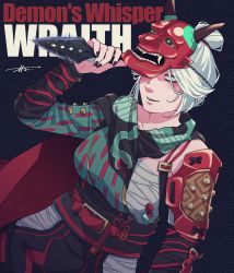 Rule 34 | 1girl, absurdres, animification, apex legends, black background, black scarf, breasts, character name, demon&#039;s whisper wraith, grey eyes, hair bun, highres, holding, holding knife, knife, kunai, looking down, mask, mask on head, medium breasts, official alternate costume, oni mask, open mouth, sarashi, scarf, single hair bun, weapon, wraith&#039;s kunai, wraith (apex legends), youka (blknrose777)