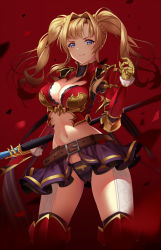 Rule 34 | 1girl, armor, belt, blonde hair, blue eyes, breasts, cleavage, garter straps, gauntlets, granblue fantasy, hair intakes, highres, koyaya, large breasts, long hair, looking at viewer, midriff, navel, o-ring, o-ring top, polearm, red armor, skirt, smile, solo, spear, standing, thighhighs, twintails, weapon, zeta (granblue fantasy)