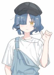 Rule 34 | black headwear, blue hair, blue overalls, bocchi the rock!, hair ornament, hairclip, highres, jewelry, necklace, overalls, shirt, short hair, simple background, sk tsu96, t-shirt, white shirt, yamada ryo, yellow eyes