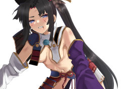 Rule 34 | 1girl, all fours, armor, asymmetrical sleeves, black hair, blood, blue eyes, blue panties, breasts, bruise, cuts, detached sleeves, fate/grand order, fate (series), grimace, injury, japanese armor, kesoshirou, kusazuri, long hair, looking at viewer, medium breasts, mismatched sleeves, narrowed eyes, navel, panties, parted bangs, pom pom (clothes), ponytail, revealing clothes, side ponytail, simple background, solo, stomach, underwear, uneven sleeves, ushiwakamaru (fate), very long hair, white background, wide sleeves