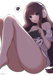 Rule 34 | 1girl, absurdres, azur lane, bare legs, blue eyes, brown hair, collarbone, commentary request, eating, food, food in mouth, fruit, handheld game console, headphones, highres, holding, holding handheld game console, kamishiro (rsg10679), knees up, long hair, long island (azur lane), looking at viewer, mandarin orange, off-shoulder shirt, off shoulder, shirt, simple background, sitting, solo, spoken squiggle, squiggle, t-shirt, thick thighs, thighs, very long hair, white background, white shirt