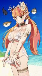 Rule 34 | 1girl, absurdres, alternate costume, animal, beach, bikini, blonde hair, blue sky, breasts, circe (fate), cleavage, commentary, english commentary, fate/grand order, fate (series), fingernails, fish, green eyes, hair ornament, hair scrunchie, highres, leglet, long hair, looking at viewer, medium breasts, monkey jon, multicolored hair, navel, ocean, outdoors, pink hair, pointy ears, puffer fish, sand, scrunchie, seashell, shell, shell bikini, shell hair ornament, sky, solo, stomach, swimsuit, twintails, two-tone hair, very long hair, water, wet, white nails, white sky, yellow scrunchie