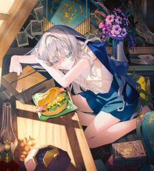 Rule 34 | 1girl, agyou sonokou l, bagel, barefoot, blouse, blue eyes, blue skirt, book, cushion, flower, food, full body, grey hair, half-closed eyes, head on arm, highres, indoors, jacket, jacket on shoulders, kneeling, leaning on table, letter, light particles, loaded interior, long hair, looking at viewer, mirror, original, photo (object), purple flower, shirt, signature, skirt, sleeveless, sleeveless shirt, solo, sunlight, vase, white shirt