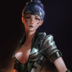 Rule 34 | 1girl, bad id, bad tumblr id, breasts, cleavage, dark background, goggles, goggles on head, highres, long hair, looking at viewer, md5 mismatch, medium breasts, official alternate costume, overwatch, overwatch 1, parted lips, ponytail, purple hair, raikoart, resized, resolution mismatch, solo, source smaller, talon widowmaker, upper body, upscaled, widowmaker (overwatch), yellow eyes