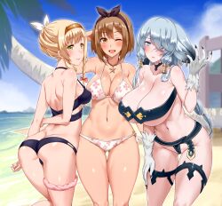 Rule 34 | 3girls, absurdres, ass, atelier (series), atelier ryza, atelier ryza 1, back, bare shoulders, beach, bikini, black bikini, blonde hair, blush, bow, braid, breasts, brown bow, brown hair, butt crack, choker, closed mouth, darkmaya, day, fingernails, hair ornament, hair over one eye, hairclip, halterneck, highres, jewelry, klaudia valentz, large breasts, lila decyrus, long hair, looking at viewer, medium breasts, multiple girls, navel, necklace, o-ring, o-ring bottom, one eye closed, open mouth, outdoors, palm tree, parted lips, red bow, reisalin stout, sand, sharp fingernails, shore, short hair, sideboob, single braid, sky, smile, star (symbol), star necklace, strapless, strapless bikini, swimsuit, take your pick, thigh strap, thighs, tree, water, white bow