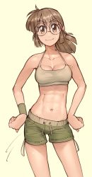 Rule 34 | 1girl, abs, bare shoulders, beige background, blush, breasts, brown hair, cleavage, clenched hands, closed mouth, collarbone, contrapposto, crop top, drawstring, female focus, fio germi, glasses, green shorts, groin, halterneck, hands on own hips, happy, highres, light blush, long hair, looking at viewer, medium breasts, metal slug, navel, ponytail, ribbon-trimmed shorts, ribbon trim, round eyewear, shiny skin, short shorts, shorts, sidelocks, simple background, smile, snk, solo, standing, stomach, straight-on, sweat, sweatband, toned, wamudraws