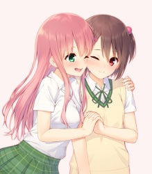 Rule 34 | 2girls, ;), ;d, beads, blush, breasts, collared shirt, commentary, dress shirt, eye contact, fujigasaki connie, green eyes, green ribbon, green skirt, grey background, hair beads, hair between eyes, hair ornament, hairclip, hand on another&#039;s shoulder, holding hands, interlocked fingers, large breasts, long hair, looking at another, mikazuchi zeus, multiple girls, olive! believe &quot;olive&quot;?, one eye closed, one side up, open mouth, pink hair, plaid, plaid skirt, pleated skirt, red eyes, ribbon, school uniform, shirt, short hair, simple background, skirt, small breasts, smile, sweater vest, teeth, tsukinomiya suzu, upper body, white shirt
