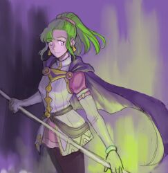 Rule 34 | 1girl, breasts, cape, earrings, eyelashes, female focus, floop249, golden sun, golden sun: dark dawn, green hair, green theme, highres, holding, holding staff, jewelry, karis (golden sun), medium breasts, pink eyes, ponytail, purple thighhighs, solo, staff, standing, thighhighs