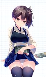 Rule 34 | 10s, 1girl, arm support, black thighhighs, breasts, brown eyes, brown hair, clothes lift, hakama, hakama short skirt, hakama skirt, highres, japanese clothes, kaga (kancolle), kantai collection, lifted by self, looking at viewer, muneate, ohara tometa, panties, pantyshot, scan, side ponytail, sitting, skirt, skirt lift, solo, thighhighs, underwear, white panties