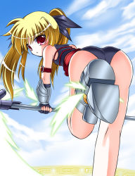 Rule 34 | 00s, 1girl, :o, armor, armored boots, ass, bardiche (haken form) (nanoha), bardiche (nanoha), bent over, blonde hair, blush, boots, fate testarossa, fate testarossa (lightning form), futaba shion, hair ribbon, holding, leg up, leotard, looking at viewer, looking back, lyrical nanoha, mahou shoujo lyrical nanoha, mahou shoujo lyrical nanoha a&#039;s, parted lips, polearm, red eyes, ribbon, sleeveless, solo, staff, twintails, utanone shion, weapon