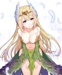 Rule 34 | 1girl, bare shoulders, bent over, blonde hair, blush, breasts, cleavage, closed mouth, collarbone, copyright request, cowboy shot, detached sleeves, elf, feather hair ornament, feather trim, feathers, gem, glowing, glowing feather, hair ornament, head tilt, headpiece, highres, ia (ias1010), long hair, long sleeves, looking at viewer, medium breasts, navel, pointy ears, revealing clothes, smile, solo, standing, stomach, transparent background, very long hair, waist cape, white background, wide sleeves