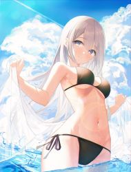 Rule 34 | 1girl, :3, absurdres, bare shoulders, bikini, black bikini, blue sky, breasts, closed mouth, cloud, contrail, day, duplicate, highres, lens flare, long hair, looking at viewer, medium breasts, navel, neiless neiro, ocean, original, outdoors, partially submerged, purple eyes, sarong, side-tie bikini bottom, sideboob, sky, smile, solo, standing, swimsuit, underboob, wading, water, wet, white hair